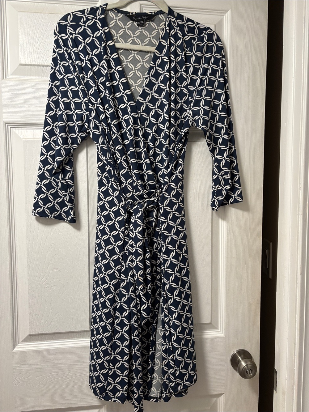 Charlie Paige Navy and White Wrap Dress with Geometric Print